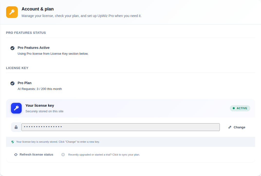 Activating UpWiz Pro from the Account and plan section