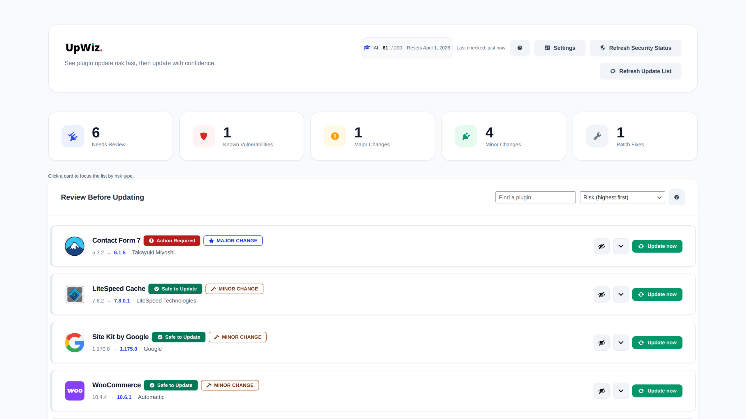 UpWiz screenshot: Dashboard Overview